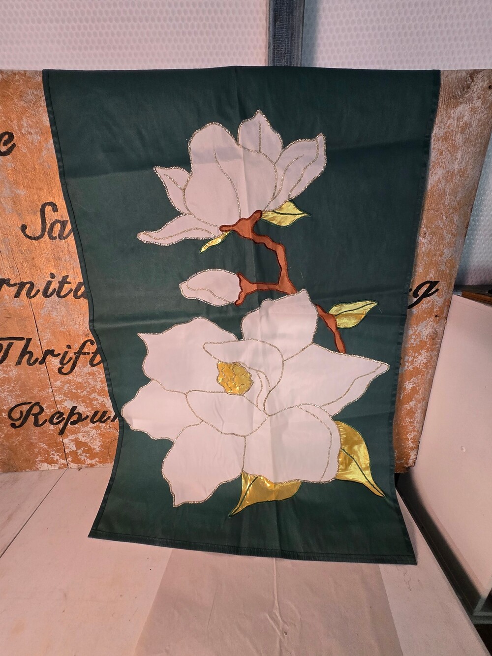 Vintage Magnolia Flower Decorative House Flag – Dark Green Background